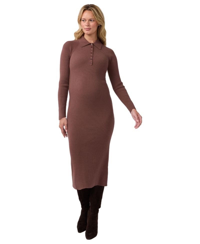 Maternity Nursing Ribbed Long-Sleeve Midi Dress