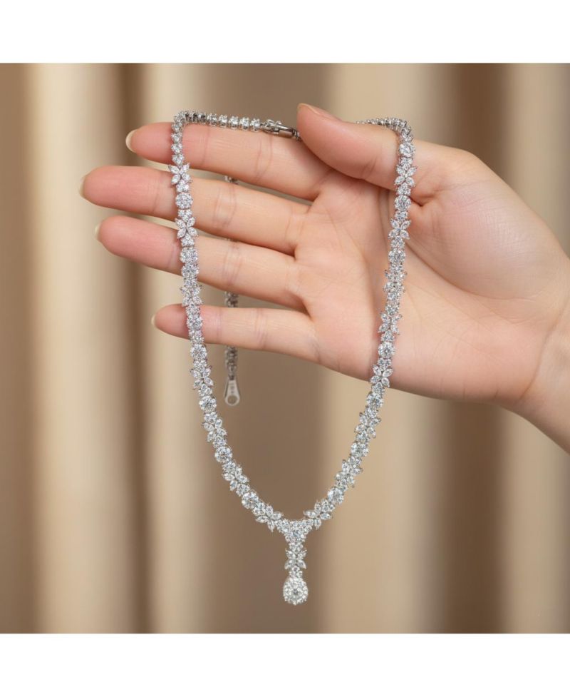 Elegant White Gold Plated Floral Cluster CZ Statement Necklace