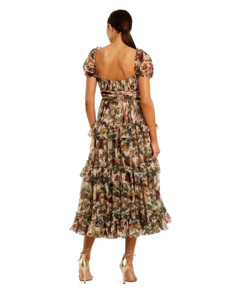 Women's Chiffon Puff Sleeve A Line Midi Dress With Ruffles