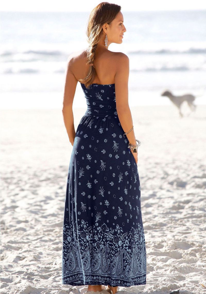 Women's Viscose Printed Strapless with Pockets Bandeau Maxi Dress