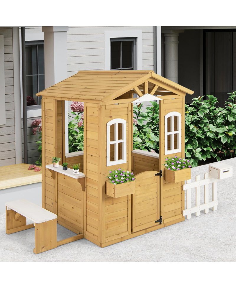 Wood Playhouse for Kids Outdoor Adventures Cottage w/ Bench Play Game Center