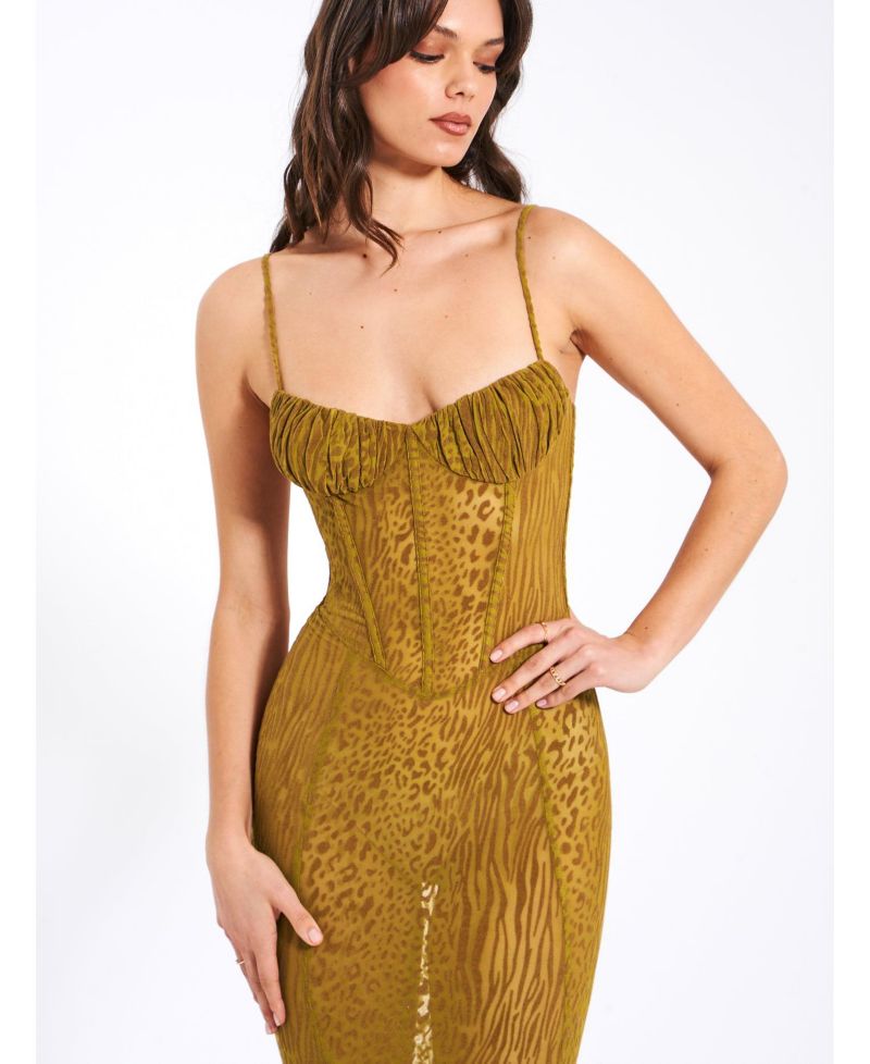Women's Ulani Gold Burnout Velvet Detail Mesh Maxi Dress