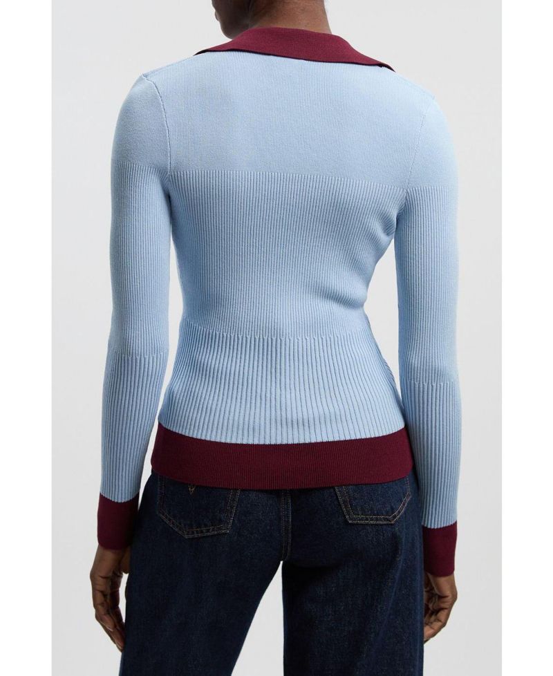 Women's Rib Knit Contrast Hem Collared Top