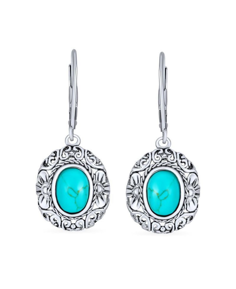 Bali Style Natural Oval Turquoise Floral Scroll Filigree Drop Earrings .925 Sterling Silver