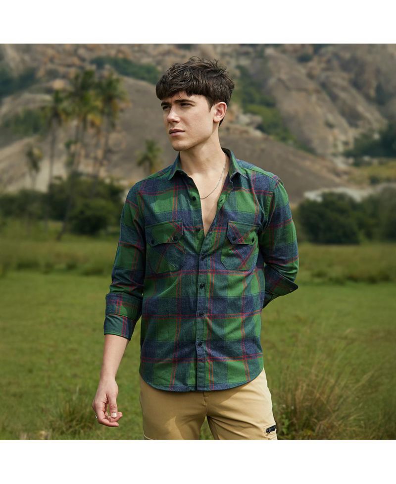 Men's Forest Green & Indigo Blue Buffalo Check Utility Shirt