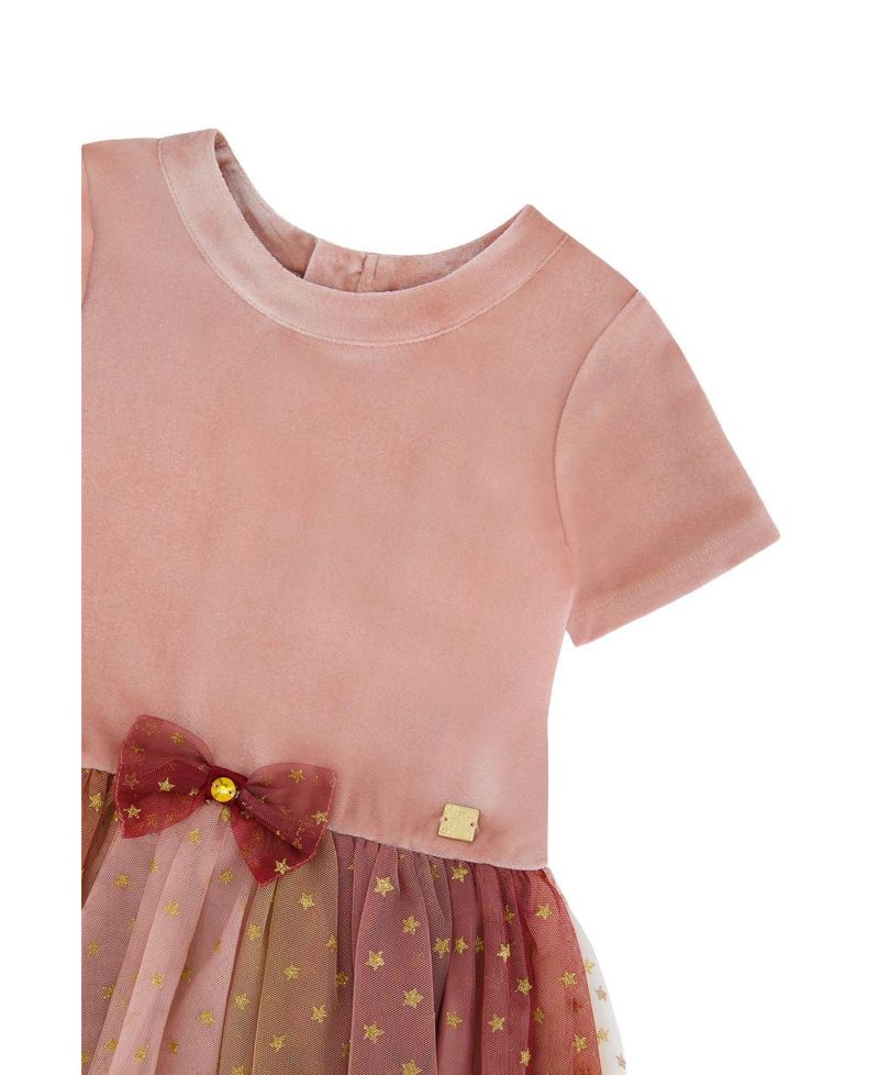Little and Big Girl (6-14) Bi-Material Dress with Gradient Print Skirt