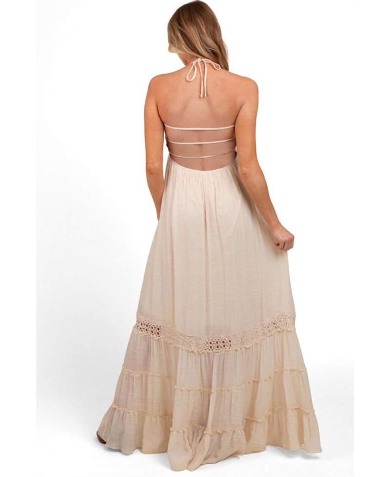 Women's Cream Smocked Open Back Maxi Dress