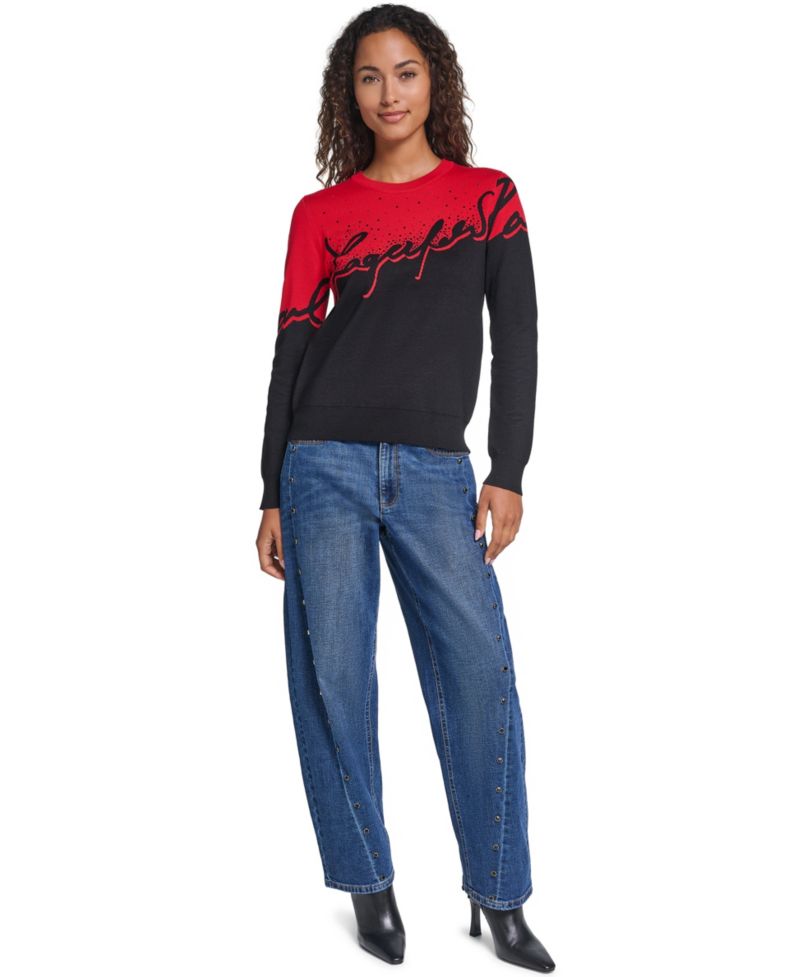 Women's Rhinestone-Logo Long-Sleeve Colorblock Sweater