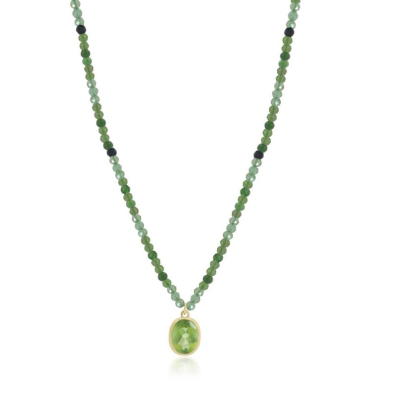 Green Tourmaline Bead Bezel Necklace 14K Yellow Gold