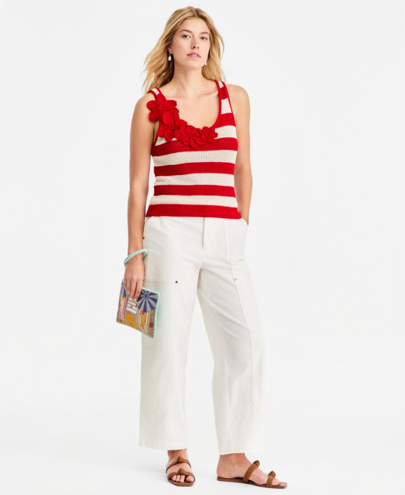 Women's Floral Crochet Striped Tank