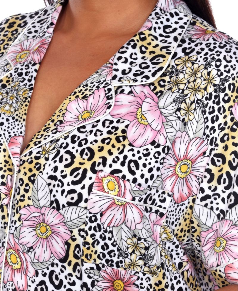 Plus Size Short Sleeve Pants Tropical Pajama Set, 2-Piece