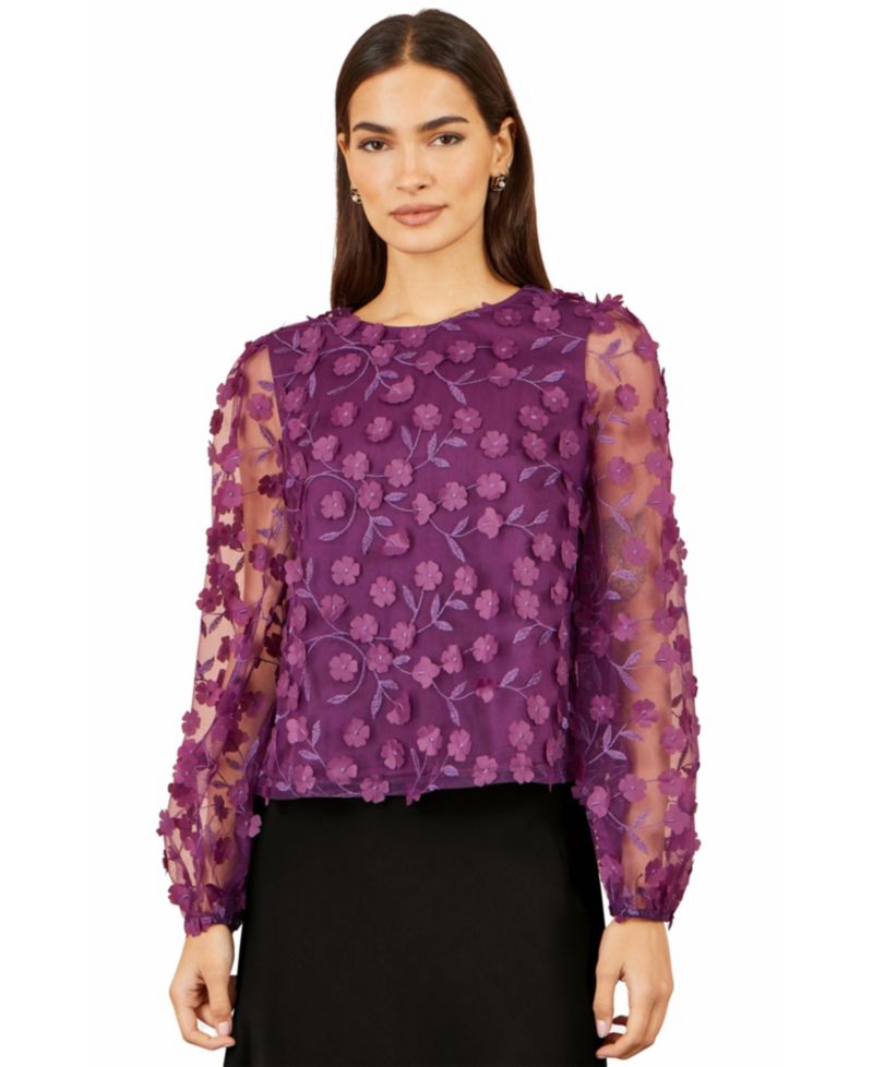 Women's Floral Applique Sheer Long-Sleeve Blouse