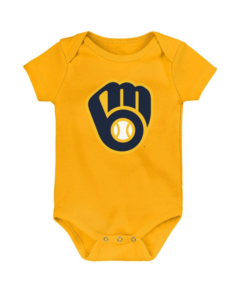 Newborn and Infant Boys and Girls Gold, White, Heather Gray Milwaukee Brewers Biggest Little Fan 3-Pack Bodysuit Set