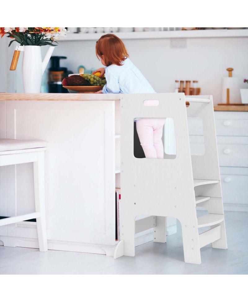 Toddler Kitchen Step Stool with Activity Chalkboard Adjustable Height & Safety Rail