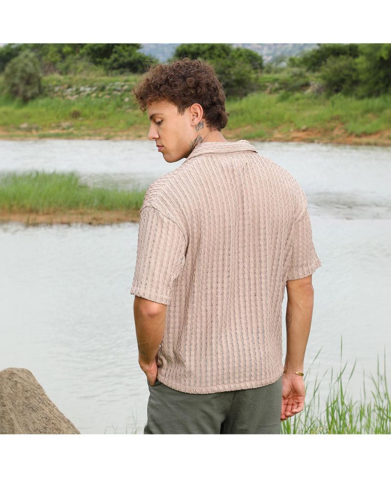 Men's Peanut Brown Striped Knit Oversized Shirt