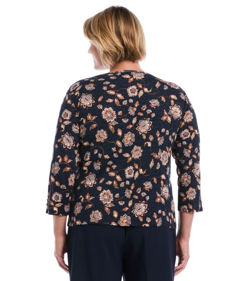 Plus Size Floral-Print 3/4-Sleeve Cotton Blouse
