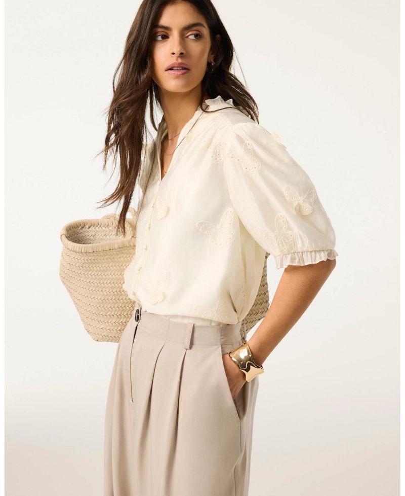 Women's Short-Puff-Sleeve V-Neck Applique Butterfly Blouse