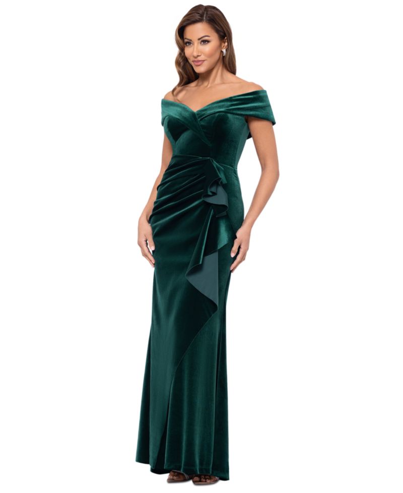 Petite Ruffled Off-The-Shoulder Velvet Gown