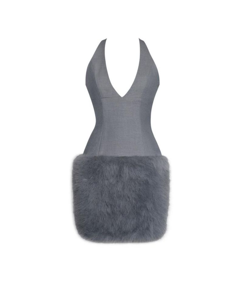 Women's Daisy Grey Drop Waist Faux Fur Trim Halter Mini Dress