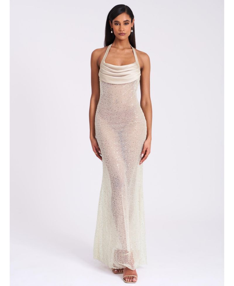 Women's Zahya Lime Halter Backless Beaded Mesh Gown