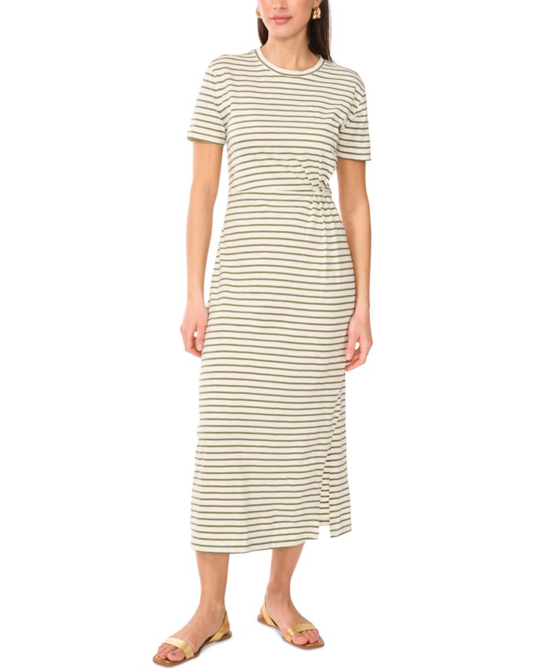 Women's Cotton Striped Ruched Midi Dress