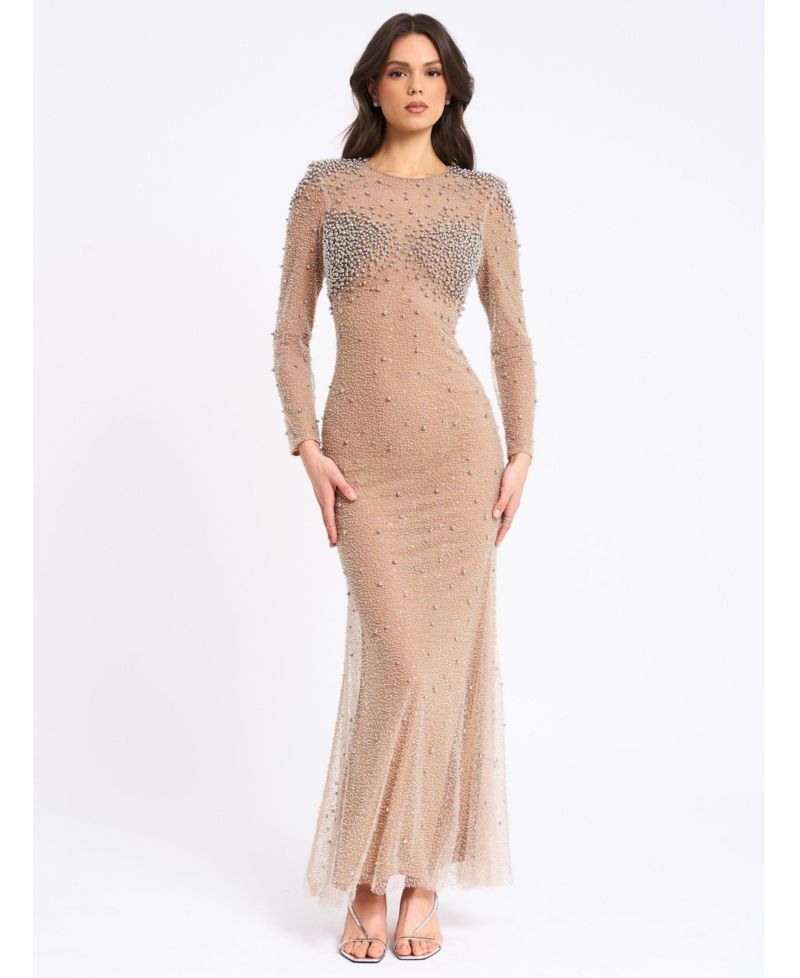 Women Rita Embroidered Mesh Silver Beaded Mermaid Gown
