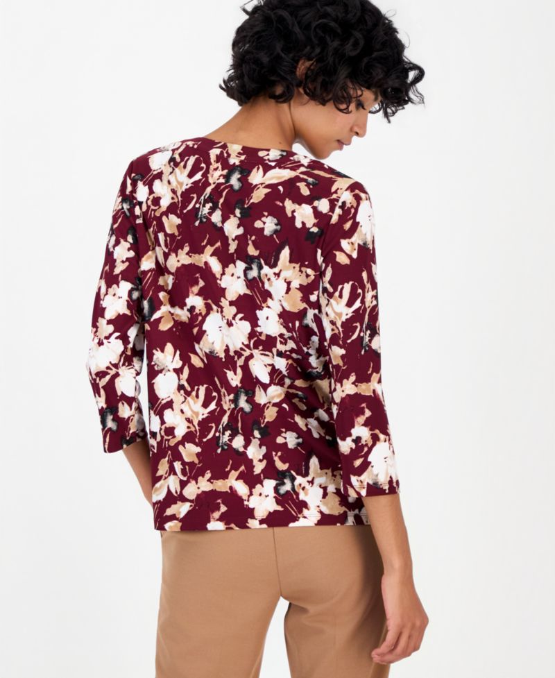Petite V-Neck 3/4-Sleeve Floral-Print Henley