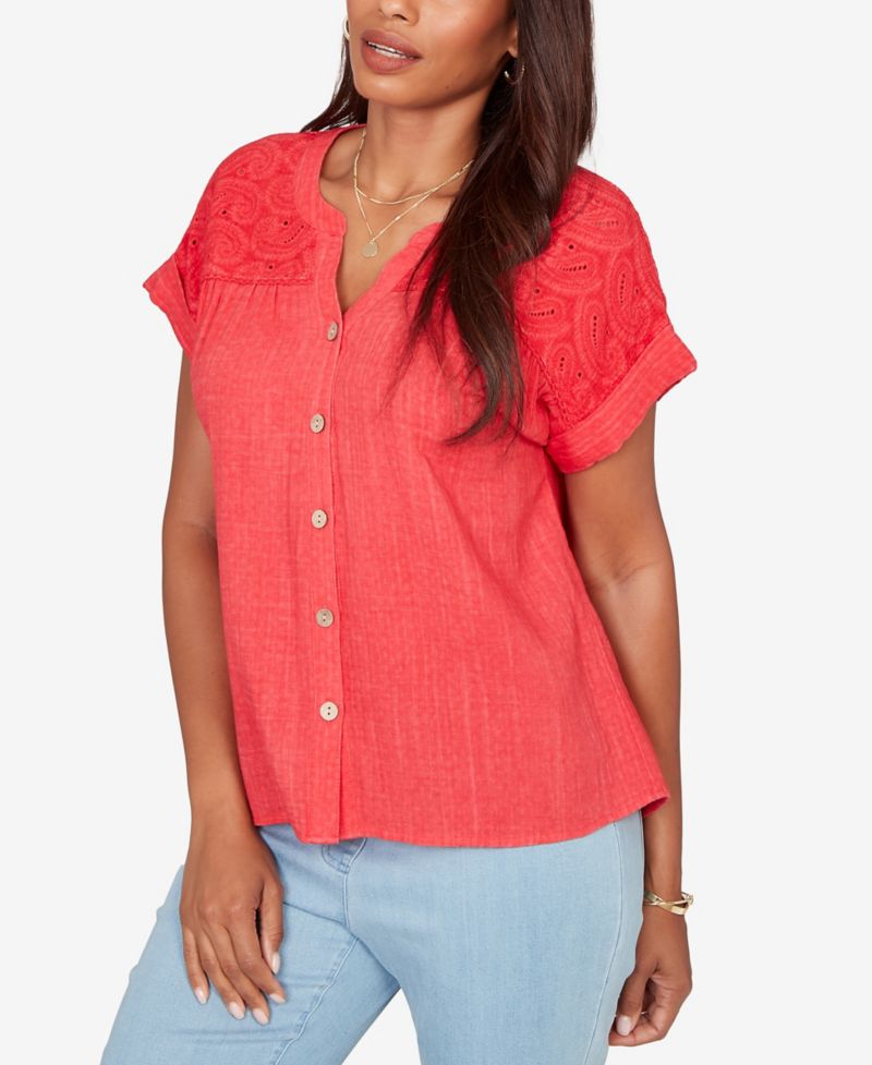 Petite Paisley Embroidered Gauze-Button T-Shirt