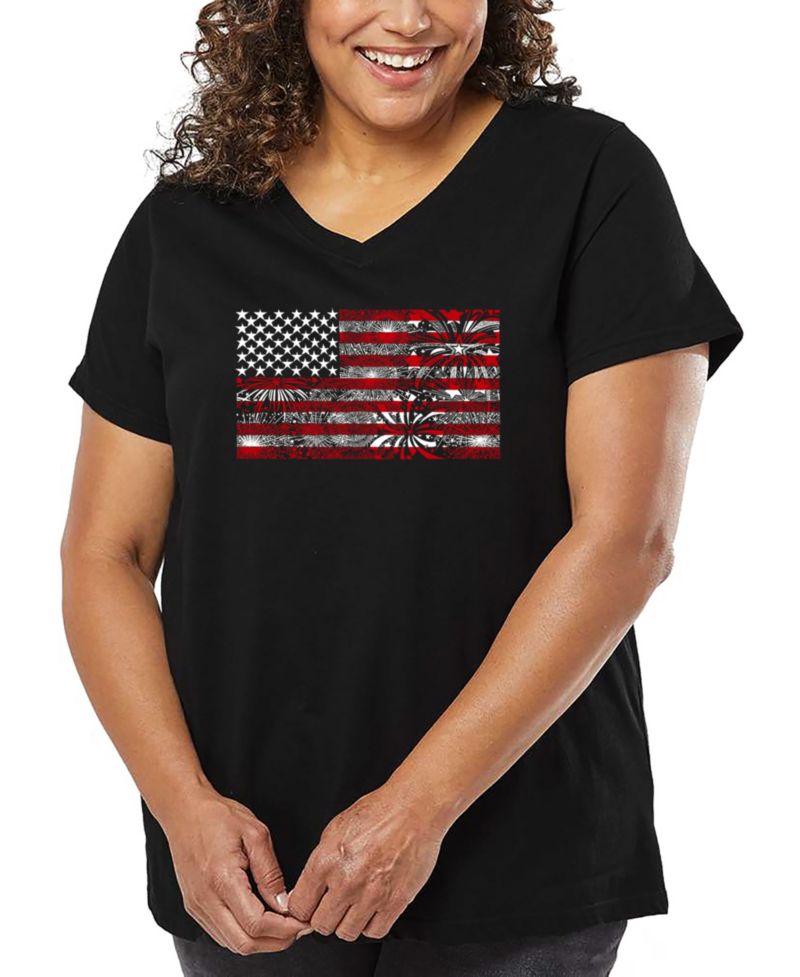 Plus Size Fireworks American Flag Word Art V-Neck T-Shirt