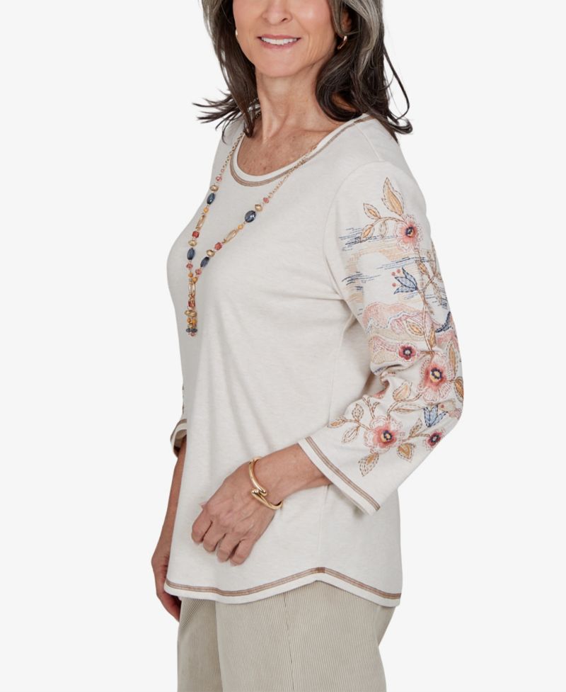 Petite Crewneck 3/4-Sleeve Curved-Hem Blouse
