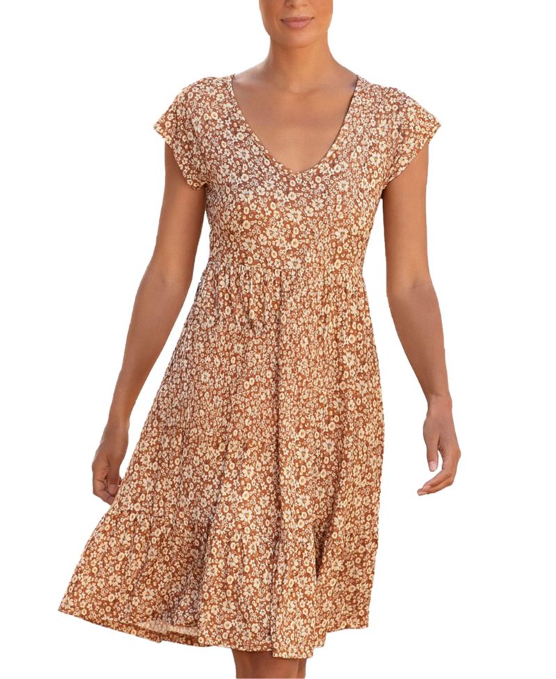 Women's Viscose Printed Flounce A-Line V-Neck Elastic-Waist Short Dress