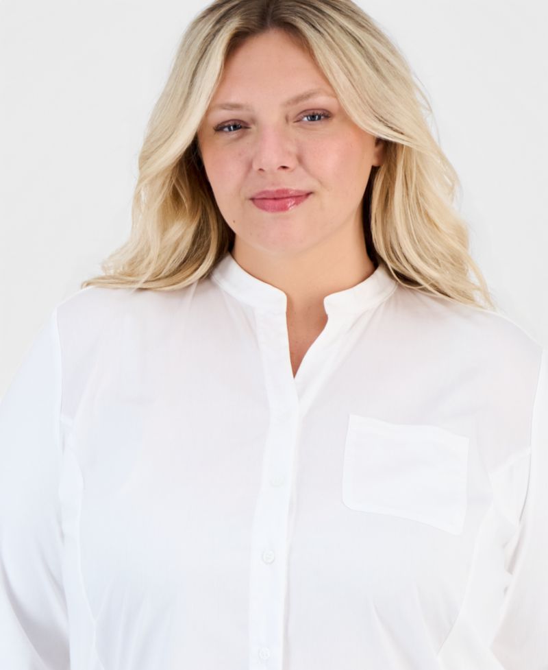 Plus Size Stand Collar Button-Front Blouse
