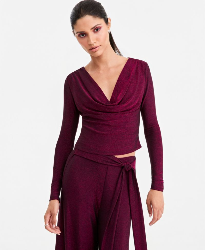 Women's Long-Sleeve Metallic-Knit Cowl Neck Top