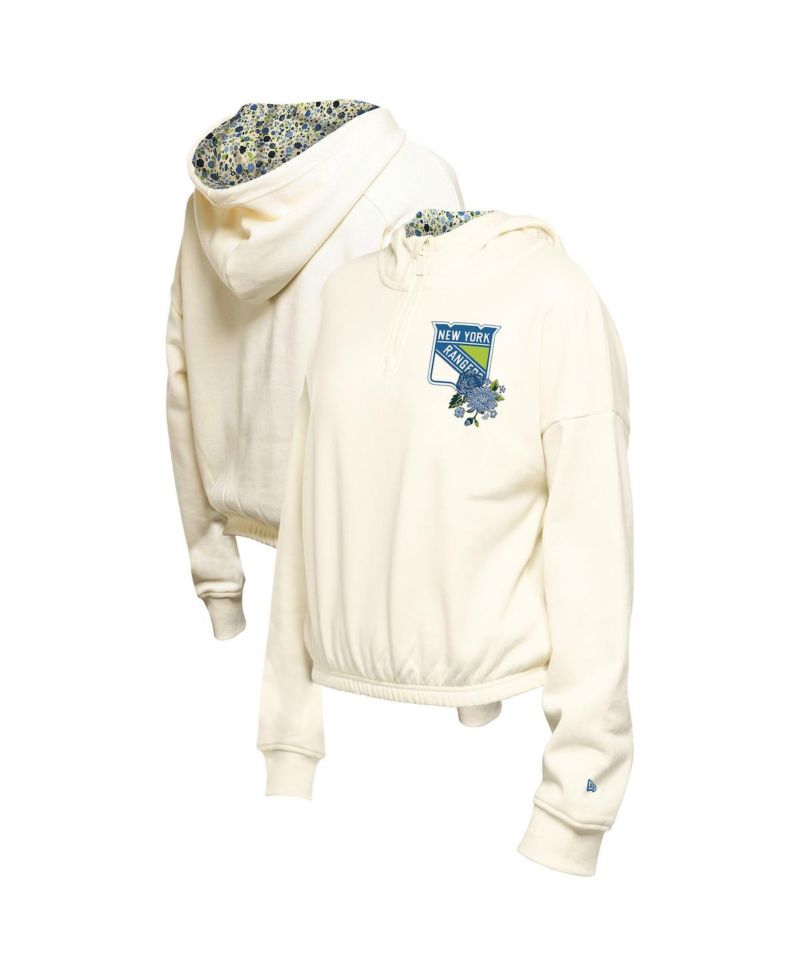 Women's Cream New York Rangers Glam Game Quarter-Zip Cropped Floral Hoodie Pullover Top