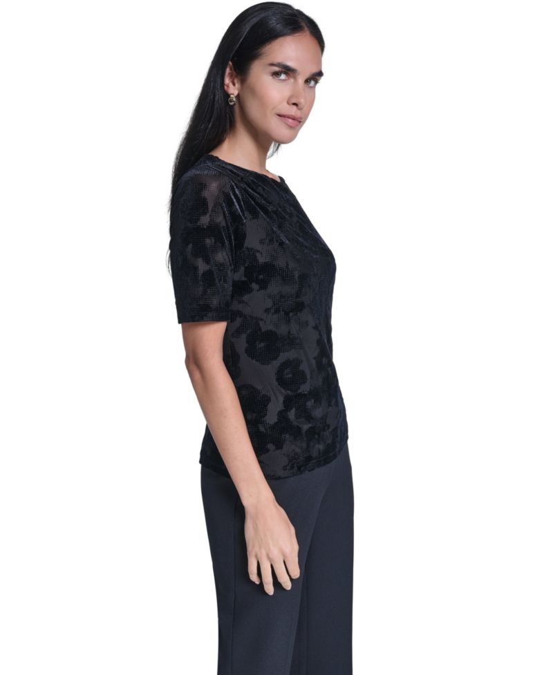 Women's Short-Sleeve Pleated Floral Blouse