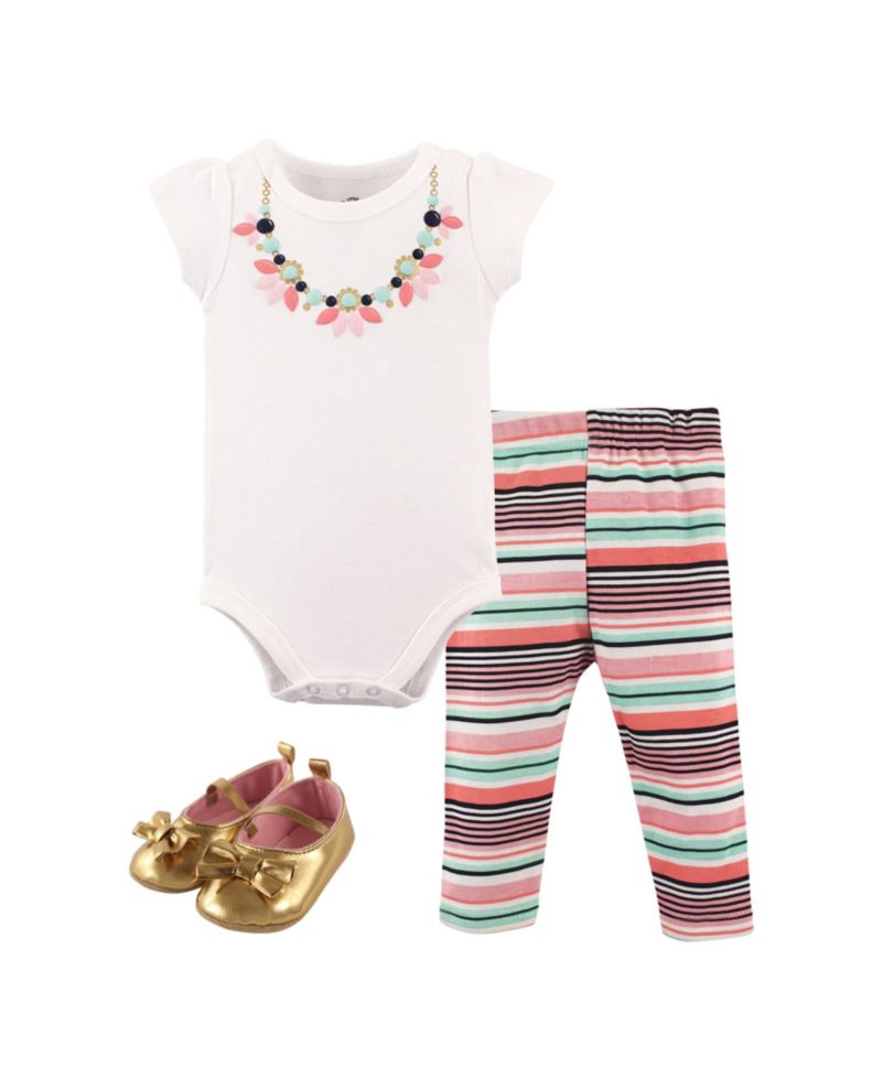 Little Treasure Baby Girls Treasure One's Cotton Outfit Set Bodysuit, Pants, and Matching Shoes