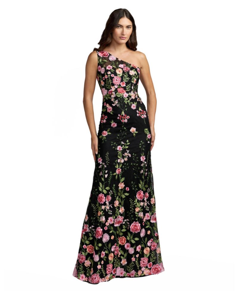 Petite One Shoulder Lace Embroidered Gown