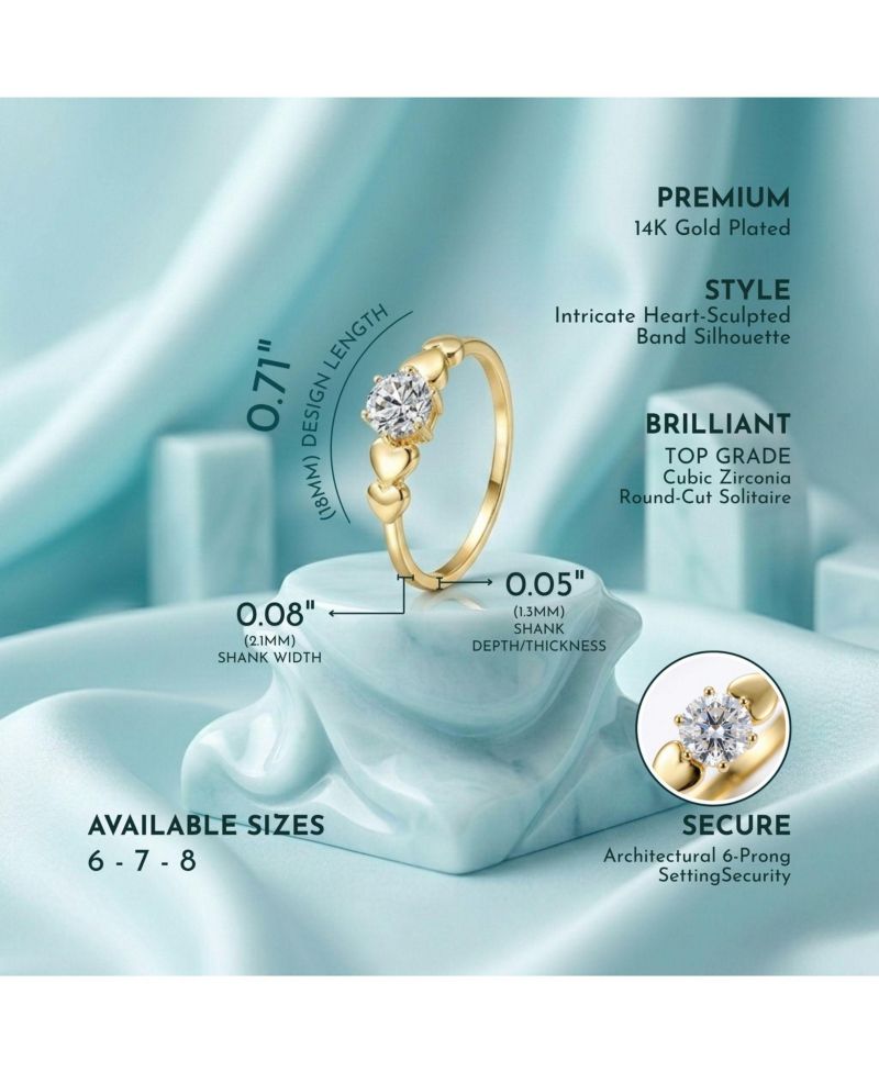 Elegant 14K Gold Plated CZ Heart Design Solitaire Ring