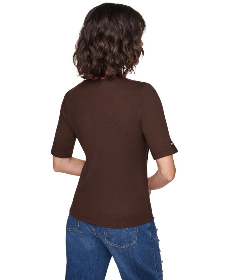Petite Short-Sleeve Crewneck Ribbed-Knit Cotton-Blend Sweater