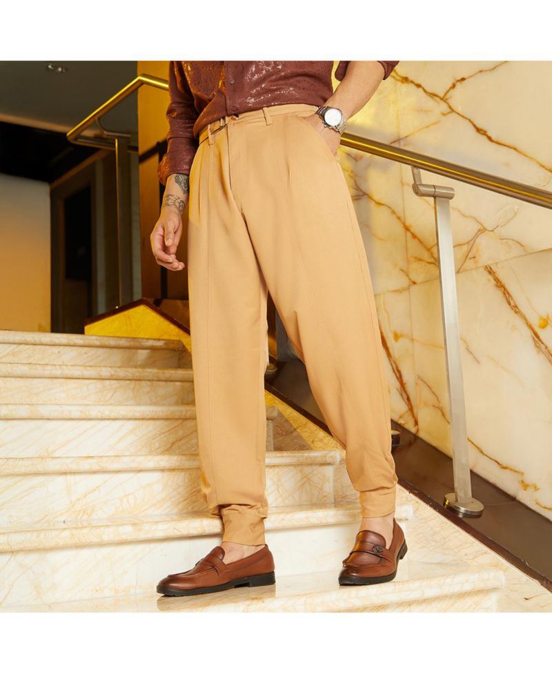 Men's Khaki Beige Panelled Gurkha Trousers