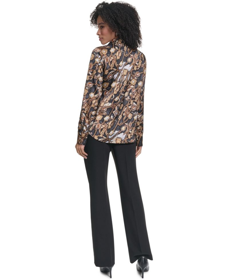Women's KL623 Satin Long-Sleeve Point-Collar Blouse
