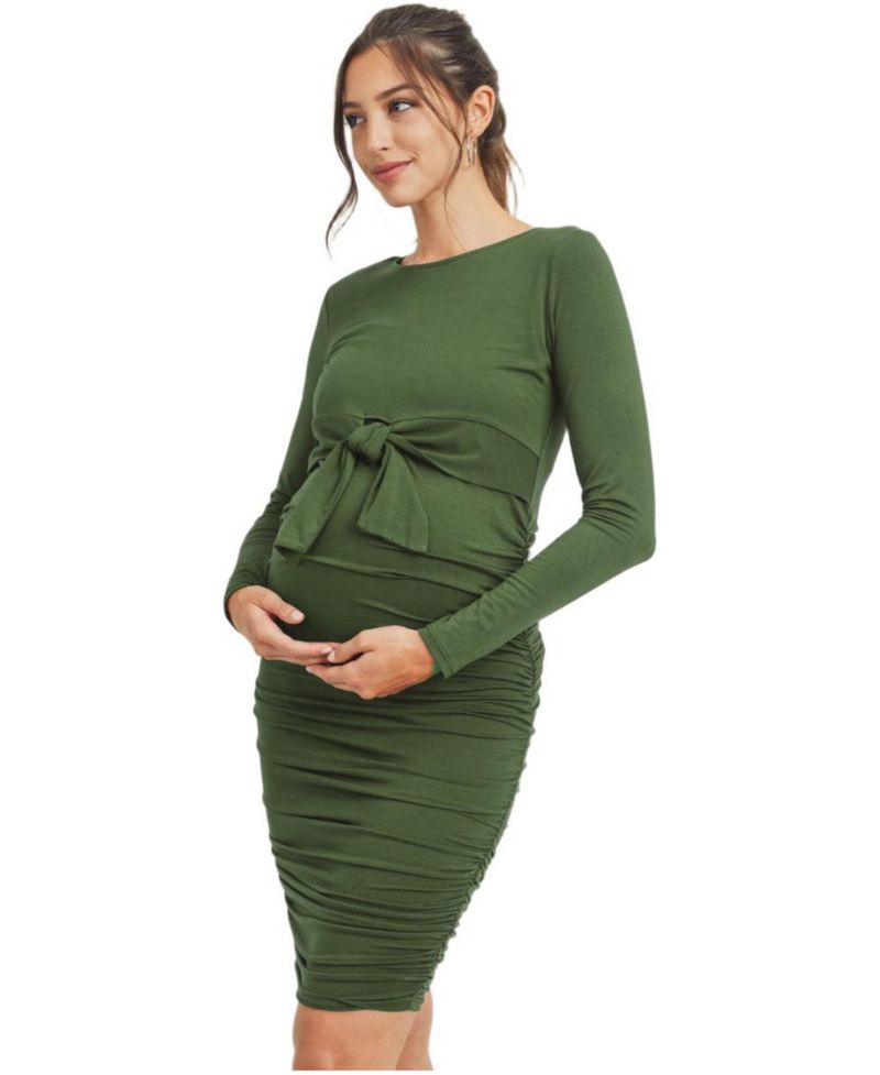 Women's Front Tie Crew Neck Side Ruched Nursing Dress