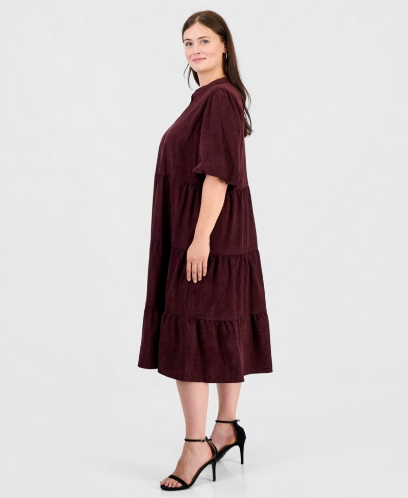 Plus Size Corduroy Puff-Sleeve Tiered Dress