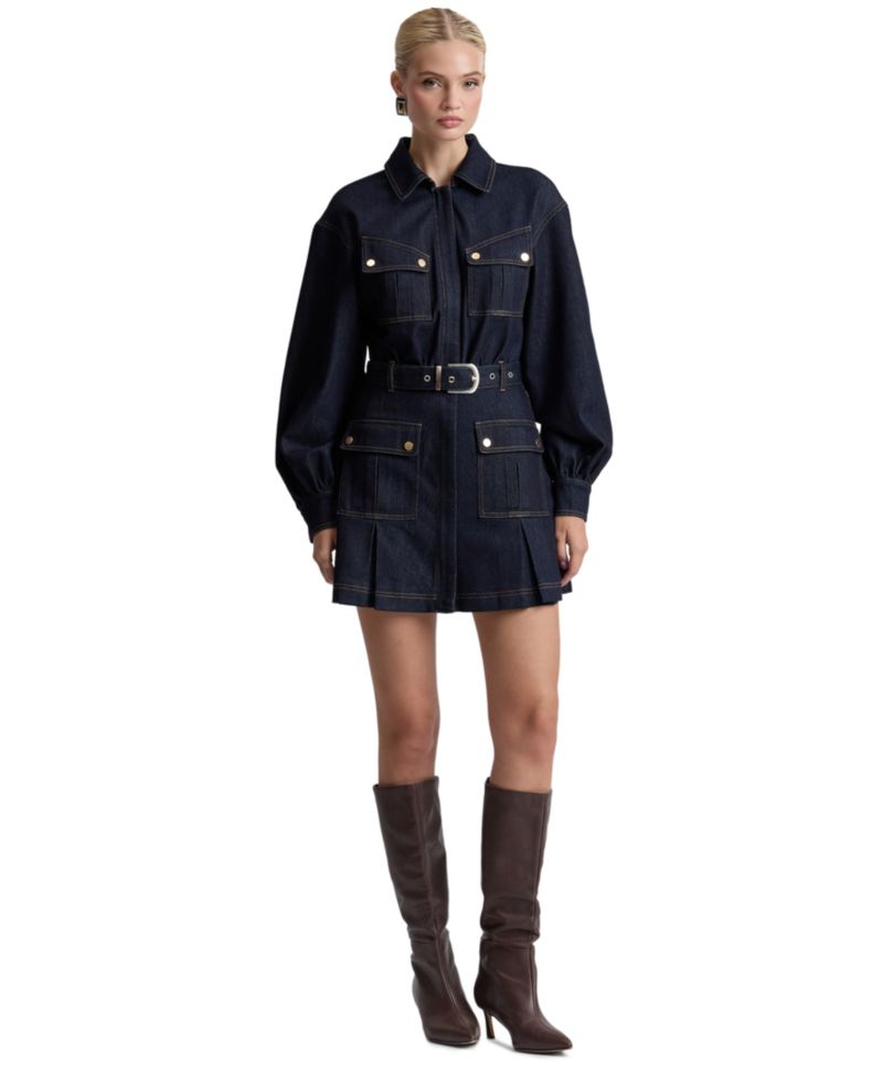 Women's Stretch Denim Belted Cargo Mini Dress