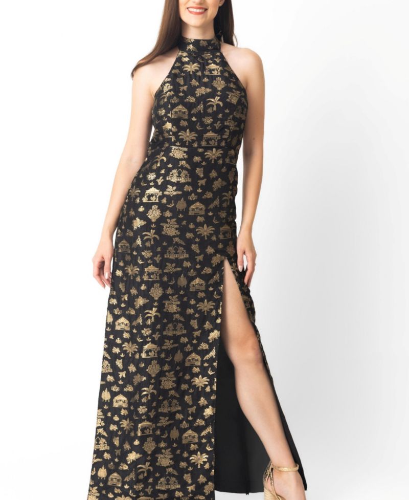 Women's Black and Gold Long Dress with Slit