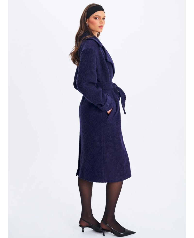Women Jaelyn Midnight Blue Wool Blend Double-Breasted Belted Coat