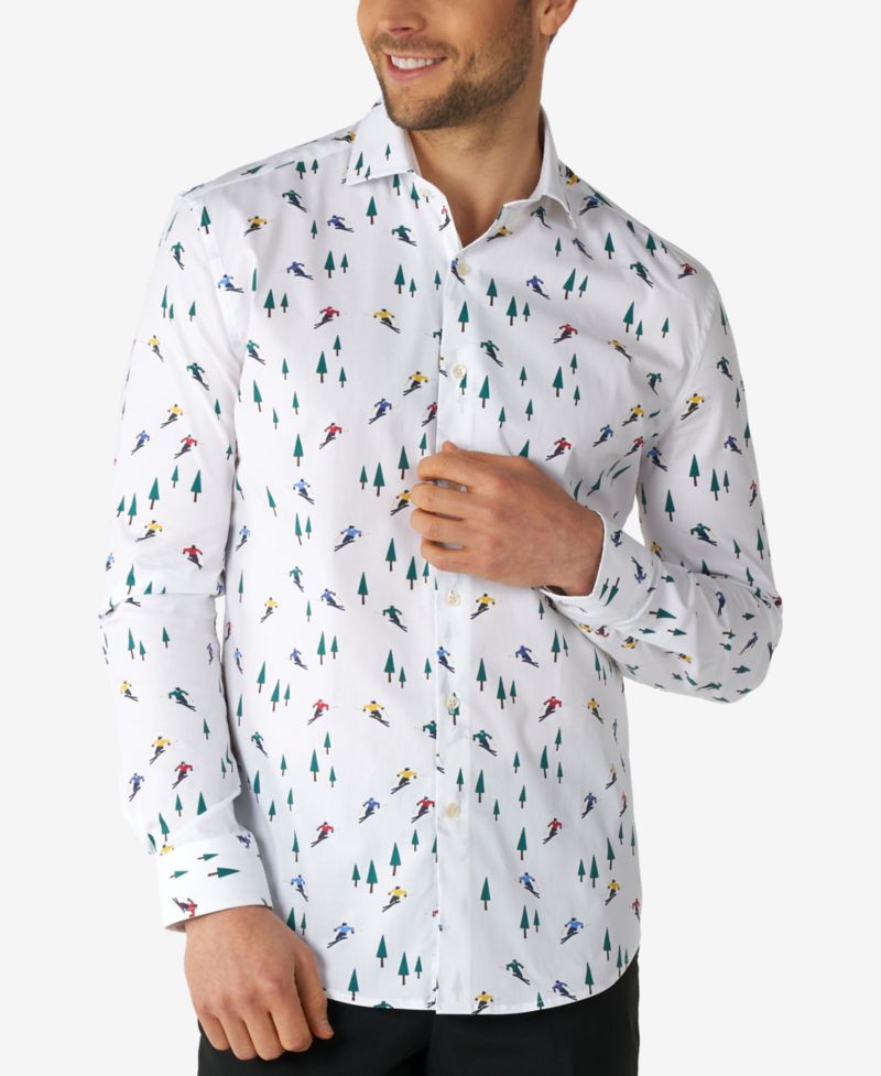 Men's Christmas Shirt - Winter Sports Icons Button Up Dress Shirt - Slim Fit - White - Long sleeve
