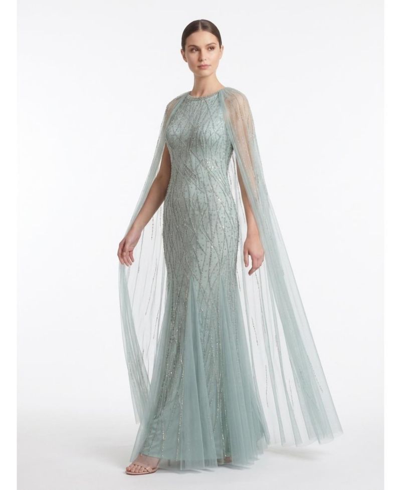 Women's Elegant Beaded Dress with Long Cape