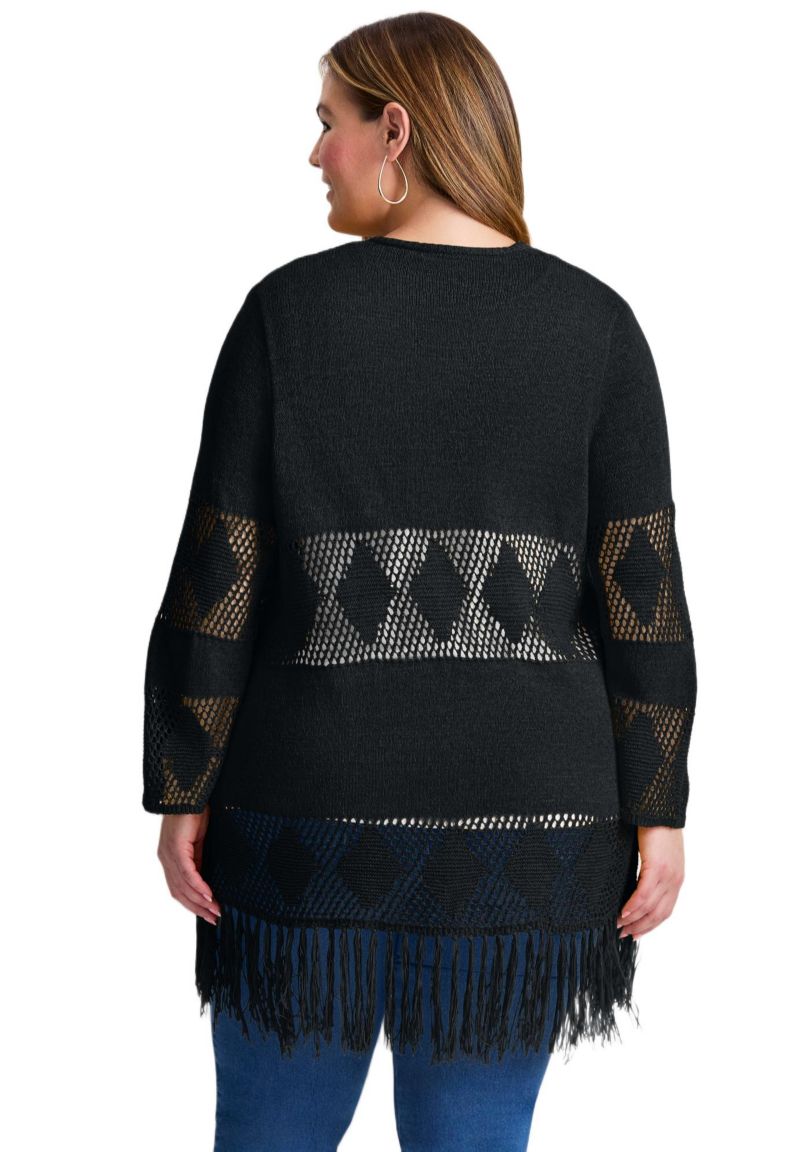 Women's Plus Size Pointelle Fringe Cardigan