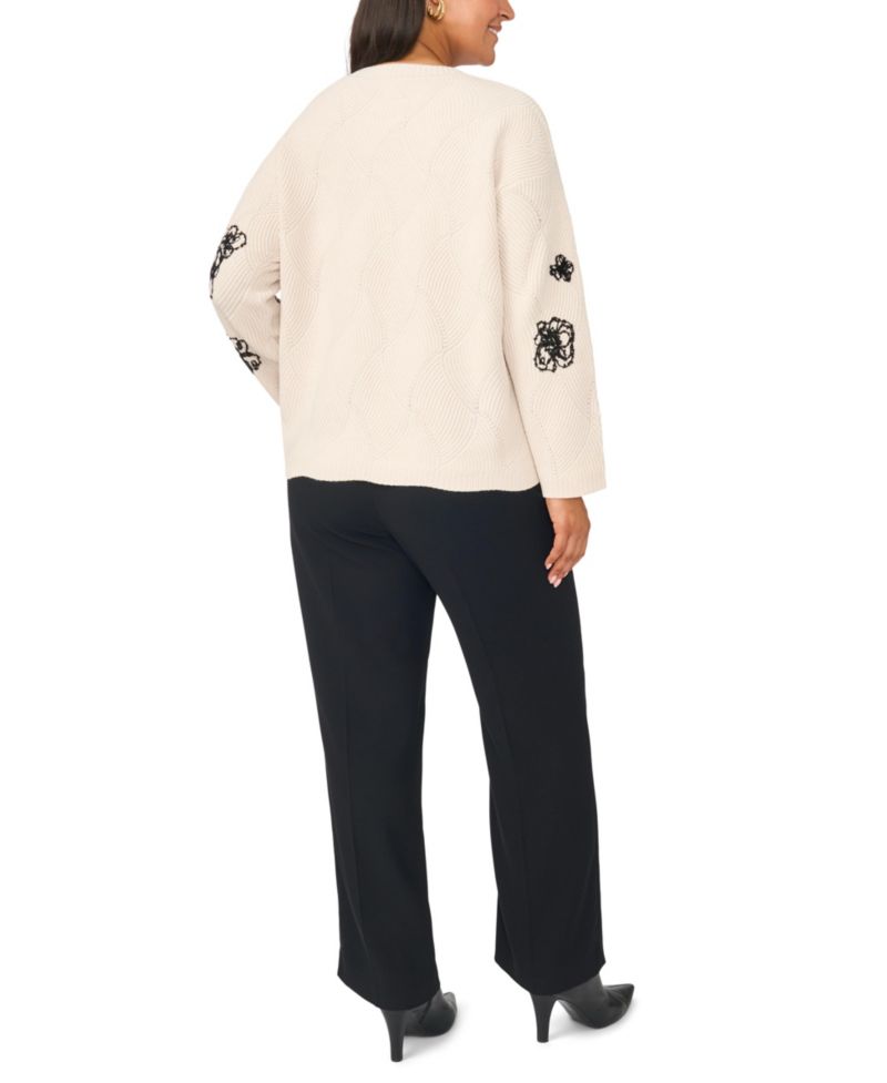Plus Size Floral-Embroidered Long-Sleeve Crewneck Sweater